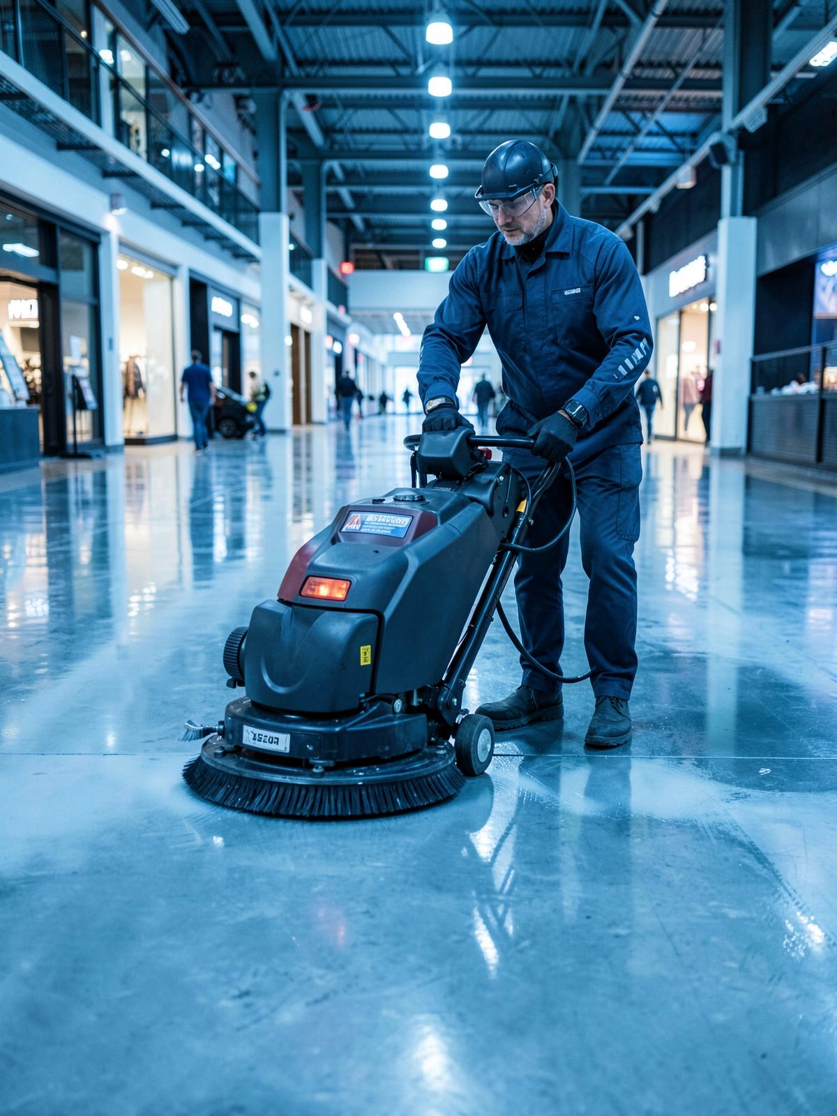 Noor cleaner operating an industrial floor scrubber in a commercial building